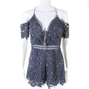 Saylor Womens Crochet V Neck Cold Shoulder Short Sleeve Romper Gray Size Small